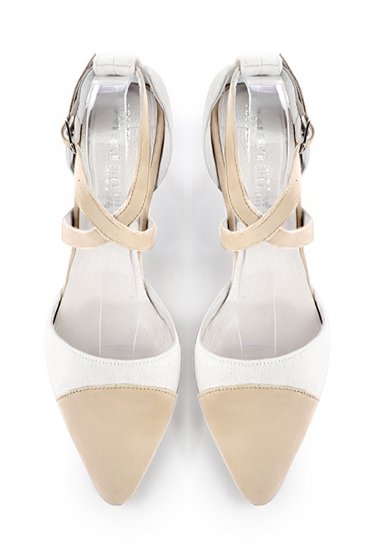 Champagne white women's open side shoes, with crossed straps. Tapered toe. Medium comma heels. Top view - Florence KOOIJMAN